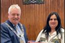 Ribble Valley Mayor Mark Hindle is pictured with Olha Vazhova, head teacher at School 4 in Vinnystia, Ukraine, presented him with a book printed in Ukrainian and English showing the country's many regional heritage sites.