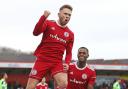 Jordan Clark celebrates after giving Accrington Stanley the lead in their 2-1 win over AFC Wimbledon