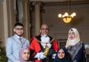 The new Mayor of Burnley Cllr Shah Hussain with Wife (next to Mayor) - Mayoress Shewly Akhtar, Daughter (sitting left) - Mayoress Tahmina Hussain, Sister (sitting right) - Mayoress Runa Khanom, and son - (next to Mayor) - Consort Mr Mohammed Shah Kamran