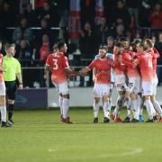Salford celebrate as Tom Elliott scores the winning goal to send Accrington Stanley out of the Leasing.com Trophy