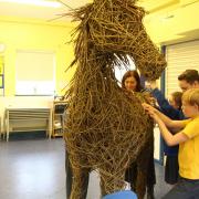 Students at St John's Church of England Primary School working to create a life sized war horse and large willow poppies