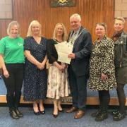 Ribble Valley Mayor Mark Hindle is pictured with, from the left, Ruth Thompson of the Ribble Valley Foodbank, Sue Bibby of the Ribble Valley Dementia Alliance, Ribble Valley Mayoress Tracey Whistlecraft and Sharon Ashley and Kimberley Lawrence of Pendle