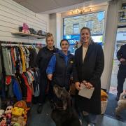Bleakholt president Gemma Atkinson with sanctuary receptionist Claire Moore and dog welfare supervisor Sarah Neild and Tommy the Labradoodle