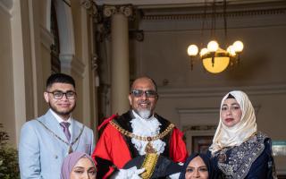 The new Mayor of Burnley Cllr Shah Hussain with Wife (next to Mayor) - Mayoress Shewly Akhtar, Daughter (sitting left) - Mayoress Tahmina Hussain, Sister (sitting right) - Mayoress Runa Khanom, and son - (next to Mayor) - Consort Mr Mohammed Shah Kamran