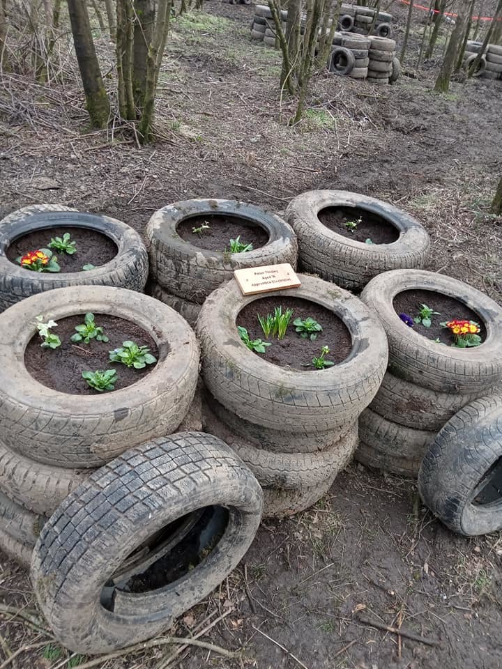 The memorial tyre flower beds at Hapton Valley Colliery 