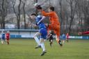 Ramsbottom United’s Matty Birchall is foiled by the AFC Liverpool keeper Picture: Leo Michaelovitz