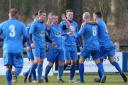 WRIGHT STUFF: Nelson players celebrate going 2-0 up with goalscorer Peter Wright (centre)           Pictures: KIPAX