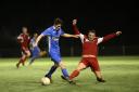 AFC Darwen in red defend during the  north west counties premier division Football match between Nelson and AFC Darwen  at Little wembley Nelson  on the 15th january 2016 Football League Agreement Number    FLGE/15/16/P5385  Self billing applies where