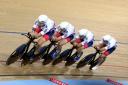 FINAL: Sir Bradley Wiggins leads the men's team pursuit squad during the first round of the Track Cycling World Championships at Lee Valley on Thursday