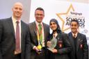 From left, Mark Cooper, Stuart Davidson (Myerscough College), Aysha Dagra and Abbaas Shakil and the Secondary School of the Year Award for Pleckgate High School