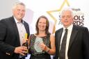 From left, Joe Makepeace, Jacqui Young and M.C. Bob Williams. Jacqui won Primary Head Teacher of the Year