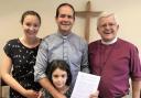 Rt Rev. Julian Henderson and Rev. Sam Cheesman, with Sam’s wife Mairi Cheesman and daughter Lydia as Sam receives his license to become the new Bishop’s Chaplain during Evening Prayer recently at Bishop’s House.