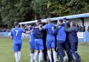 Clitheroe celebrate their late, late winner against Ossett United. Picture: Frank Crook