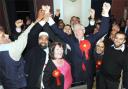 CELEBRATION: A delighted Jack Straw celebrates with Labour supporters after he increased his majority