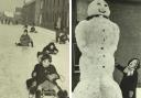 Children play in the snow in the winter 1963 and a young girl is dwarfed by a snowman in Helmshore, January 1963