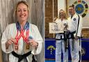 (L-R) Lauren Stott holding medals and Lauren and Phillip Millington-Downing at her black belt grading