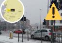 Snow in Blackburn. Inset is Met Office weather warning
