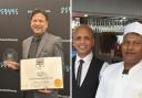 Abdul Majeed (left), owner of Aroma Asian Restaurant. Right is managing director of Abdullahs Restaurant, Mohammed Abdullah with Chef, Nurul Islam. Both businesses have won English Curry Awards