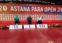 Megan Shackleton (centre) with her gold medal at the ITTF Astana Para Open in Kazakhstan. credit BPTT