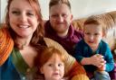 Briony Aston (left) makes drastic change to match husband, Sam Aston, and children