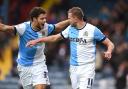 Blackburn Rovers star Jordan Rhodes celebrates his second goal against Charlton Athletic at Ewood Park, with Rudy Gestede