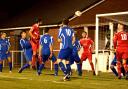 GOAL: Colne’s Jason Hart heads home his side’s first goal in their 4-1 midweek win over Squires Gate