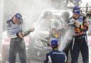 CHAMPAGNE MOMENT: Elfyn Evans and Daniel Barritt celebrate their second place finish at Rally Corsica
