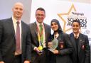 From left, Mark Cooper, Stuart Davidson (Myerscough College), Aysha Dagra and Abbaas Shakil and the Secondary School of the Year Award for Pleckgate High School