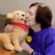 Joyce Nicholl, a resident of Favordale Home for Older People, Colne, with Arnie the robo-dog