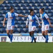 Saffron Jordan celebrates her first goal in Rovers Ladies' draw with Coventry United at Ewood Park. PIC: KIPAX