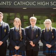 The school’s head boys and girls (L to R): Harvey Taylor, Grace Audain, Mason Weldon, Saskia Starkie in front of All Saints High.