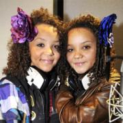 SONG GIRLS: Millie, left, and Hope Katana at the recording studio in Manchester to record their single Don’t Waste My Time