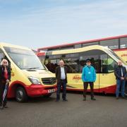 (Left to Right) Jane Dransfield, Mellor Bus Area Sales Manager, Cllr Ian Brown, Cllr Alan Schofield, Mr and Mrs Pilkington, Pilkington Bus, John Threlfall, consultant