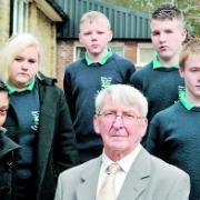 POSITIVE MESSAGE: Adam Rogers’ father Dave with pupils, from left, Zahire Mitha, Jessica Withers, Andrew Cocker, Josh Brethereton and Ryan Hurley.