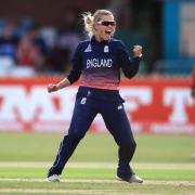 England's Alex Hartley celebrates the wicket of New Zealand's Holly Huddlestone during the Women's World Cup match at the The County Ground, Derby..
