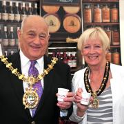Mayor of Blackburn, Coun Colin Rigby and Mayoress Jean Rigby in the Taste Lancashire food and drinks marque at the Festival of Making.