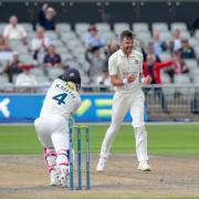 James Anderson celebrates his 1,000th wicket. Picture: Barry Mitchell