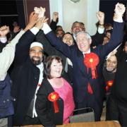 CELEBRATION: A delighted Jack Straw celebrates with Labour supporters after he increased his majority