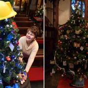 Joan Moss (L) looking at the builders tree from the last event. (R) One of the trees decorated by the church group