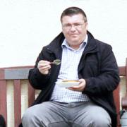PIES ARE US: Matt Donlan munches on top notch pie and peas at Enfield on Sunday