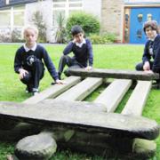 BLOWN AWAY: Pupils with the sculpture