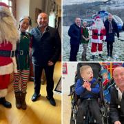 Dave Fishwick, Santa, his elf Sarah, and the BBC North West Tonight crew, and bottom, with one of the children from Holly Grove