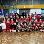 Blackburn Rovers’ Ryan Hedge and Harry Pickering at  Feniscowles Primary