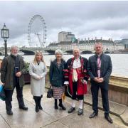 Left to right: Antony Pilling (Grane Mill Restoration Project), Sara Britcliffe MP, Janet Kerr, Rawden Kerr (Great Harwood Town Crier), Damien Smith  (Smith's Fruit and Veg Accrington Market) on the Westminster riverside terrace