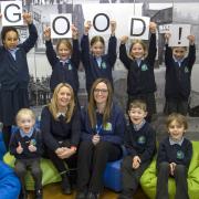 Deputy Headteacher at Northern Primary School Sandra Melvin (front centre) and SENCO Zoe Stott with pupils celebrating their school’s Good Ofsted inspection