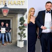 Stephen Howarth and Tom Howarth, landlords of The White Hart in Sabden. Right is Tom's Table staff accepting Ribble Valley Business Award