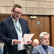 Labour Coun Lee Jameson at Ribble Valley Council. March 5, 2024. Debut speech as official leader of the opposition. Pic: Robbie MacDonald LDRS. Partner approved.