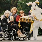 The Easter Bunny, Matthew Taylor, delivers eggs to Eileen Lord a residernt at Springfield Clinic in Blackburn therapist Pauline Taylor and resident Shauna Howorth in 1998