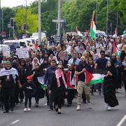 The pro-Palestine march makes its way down Barbara Castle Way