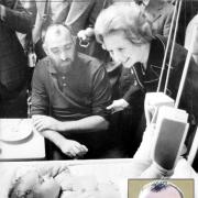 Thatcher visits Ian Pilkington in hospital as dad Ray looks on. Inset: Ian today